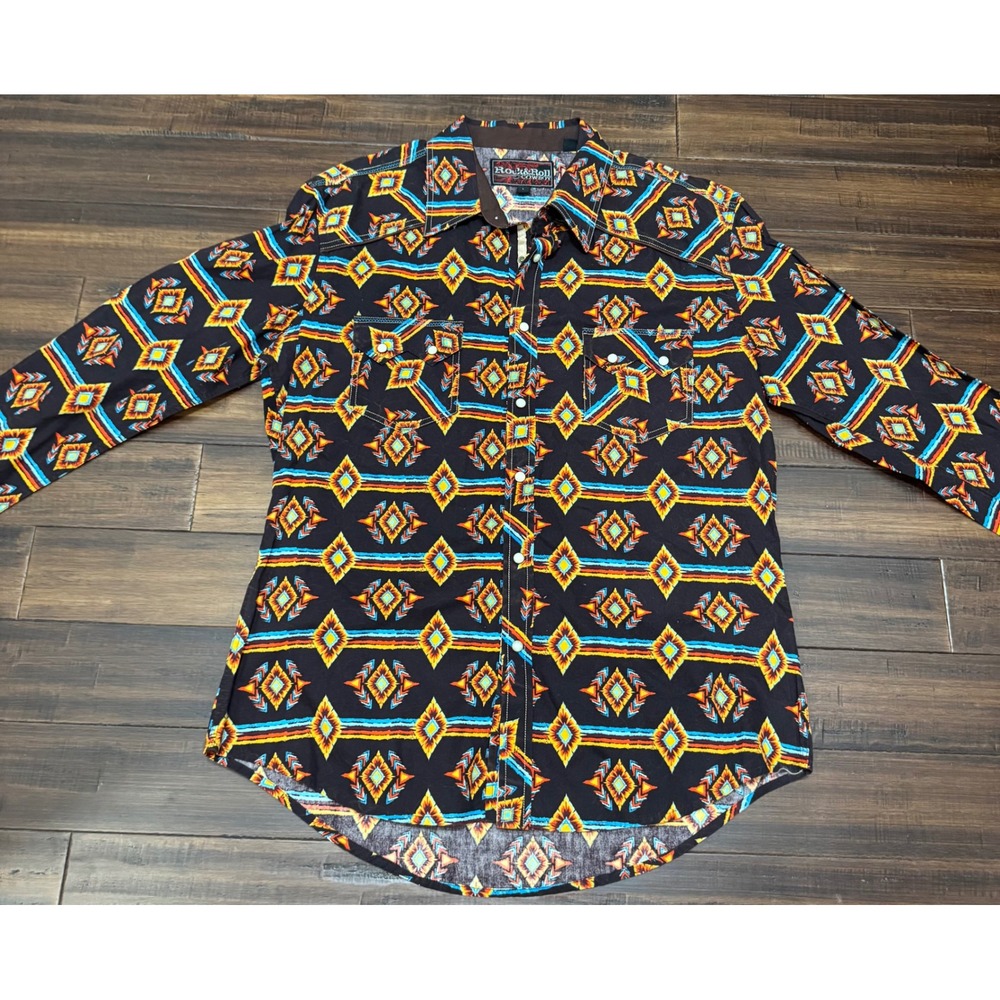 Rock & Roll Cowboy Mens Black Southwestern Geometric Pearl Snap Western Shirt L